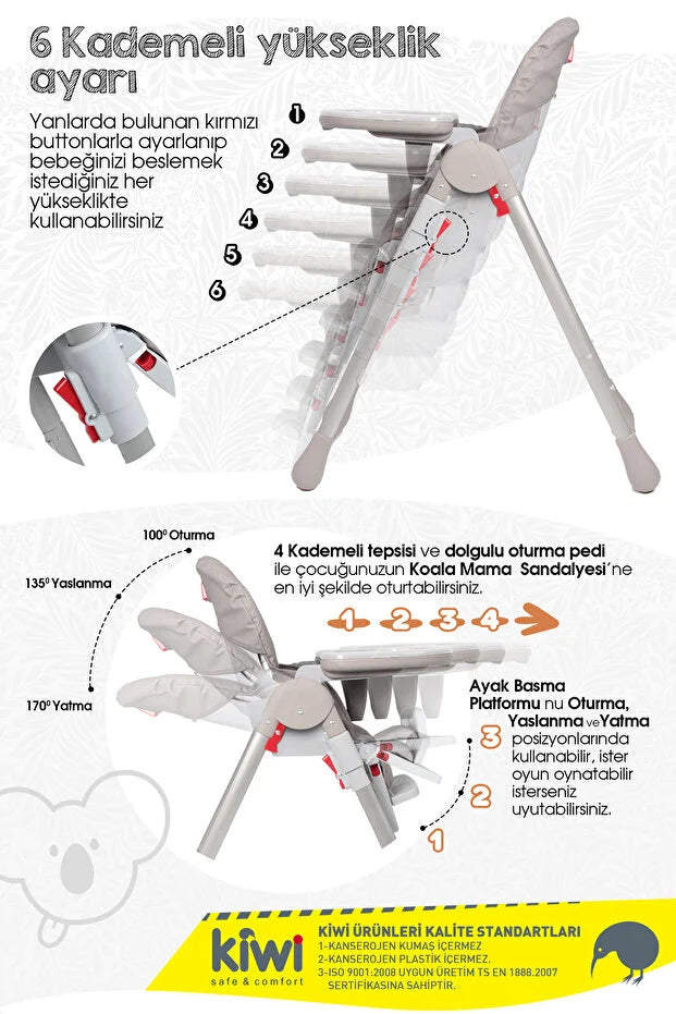 Koala Portatif Katlanır Mama Sandalyesi - 6 Kademeli Yükseklik Ayarlı, Tekerlekli ve Çift Tepsili - Latte