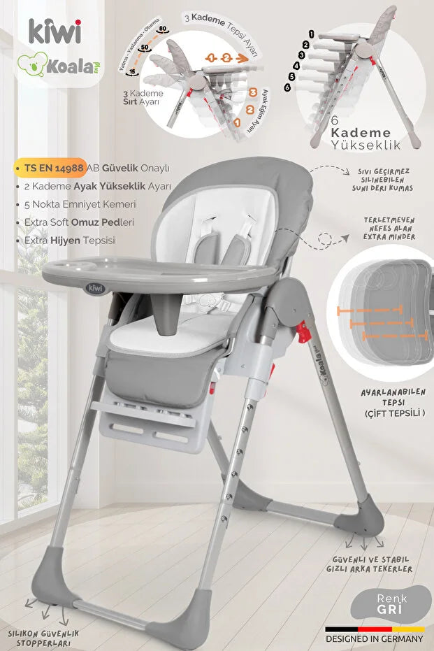 Koala Portatif Katlanır Mama Sandalyesi - 6 Kademeli Yükseklik Ayarlı, Tekerlekli ve Çift Tepsili - Latte