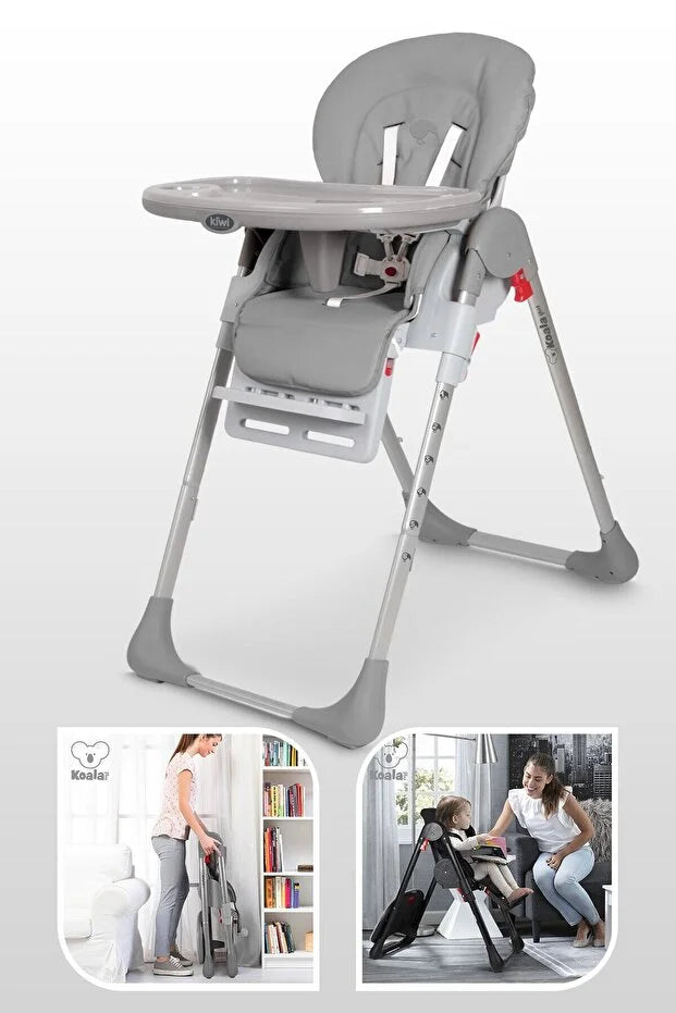 Koala Portatif Katlanır Mama Sandalyesi - 6 Kademeli Yükseklik Ayarlı, Tekerlekli ve Çift Tepsili - Gri