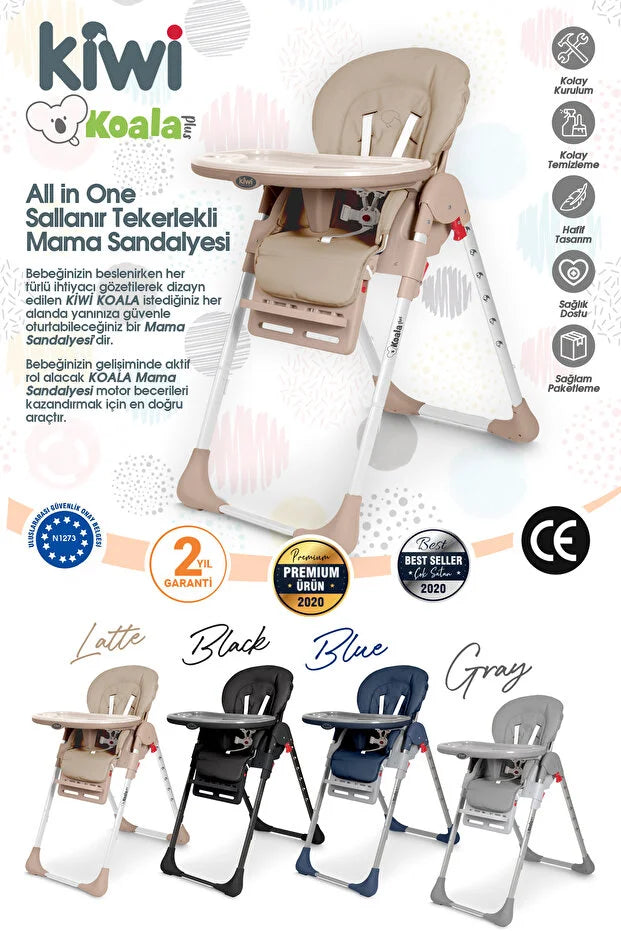Koala Portatif Katlanır Mama Sandalyesi - 6 Kademeli Yükseklik Ayarlı, Tekerlekli ve Çift Tepsili - Latte