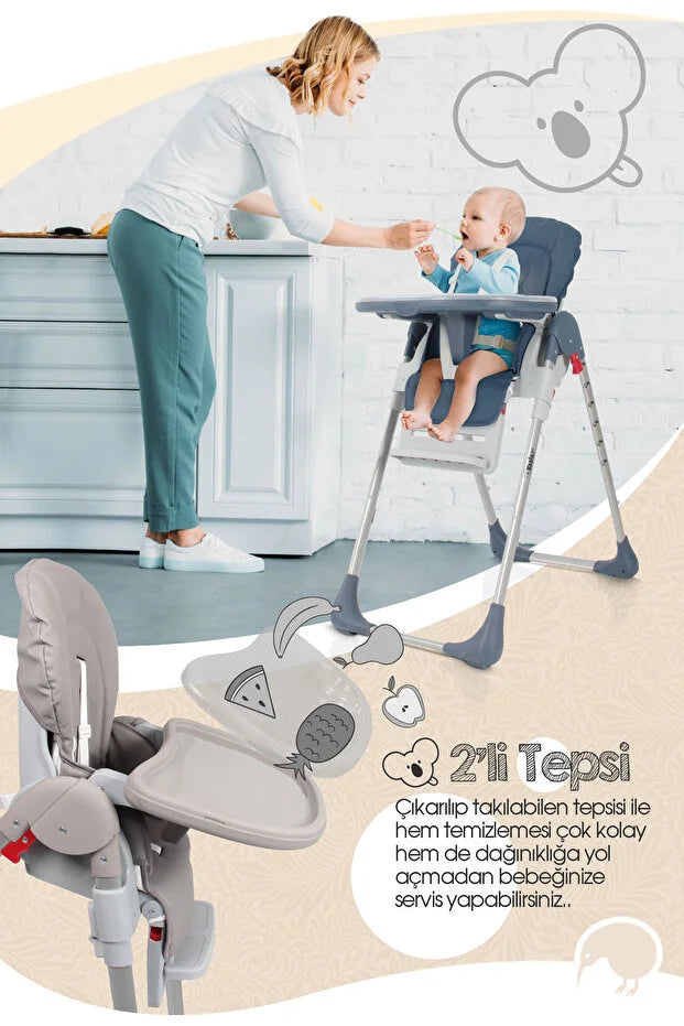 Koala Portatif Katlanır Mama Sandalyesi - 6 Kademeli Yükseklik Ayarlı, Tekerlekli ve Çift Tepsili - Gri