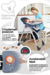 Koala Portatif Katlanır Mama Sandalyesi - 6 Kademeli Yükseklik Ayarlı, Tekerlekli ve Çift Tepsili - Siyah