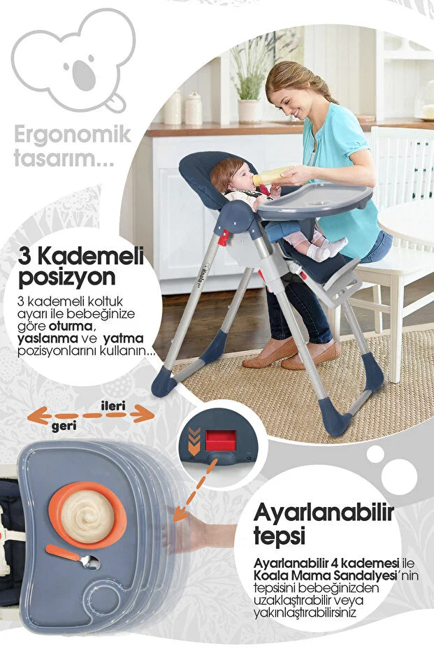 Koala Portatif Katlanır Mama Sandalyesi - 6 Kademeli Yükseklik Ayarlı, Tekerlekli ve Çift Tepsili - Yeşil