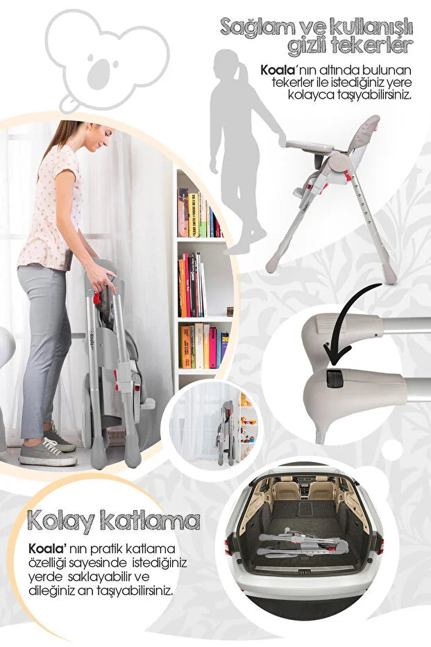Koala Portatif Katlanır Mama Sandalyesi - 6 Kademeli Yükseklik Ayarlı, Tekerlekli ve Çift Tepsili - Latte
