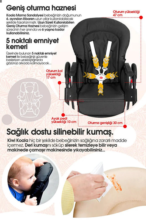 Koala Portatif Katlanır Mama Sandalyesi - 6 Kademeli Yükseklik Ayarlı, Tekerlekli ve Çift Tepsili - Siyah