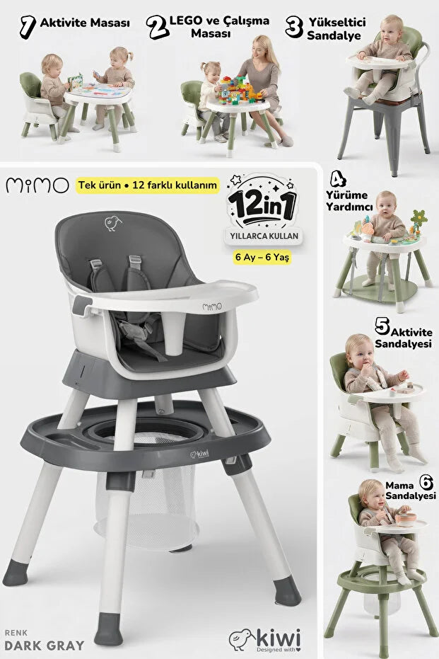 Mimo 12 özellik 1 Arada Çok Fonksiyonlu Mama Sandalyesi - Lego Uyumlu Aktivite & Oyun Masası - Antrasit