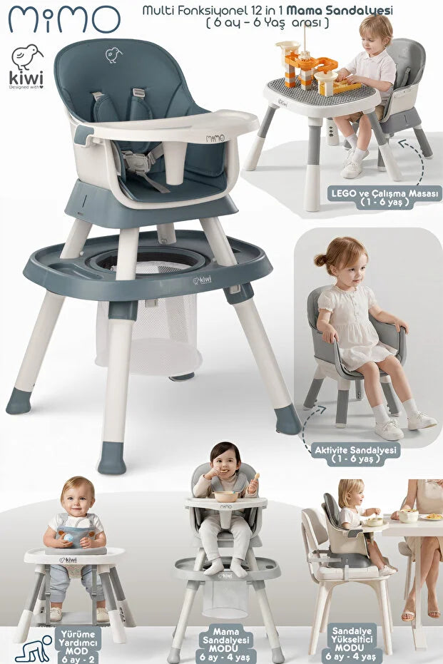 Mimo 12 özellik 1 Arada Çok Fonksiyonlu Mama Sandalyesi - Lego Uyumlu Aktivite & Oyun Masası - Mavi