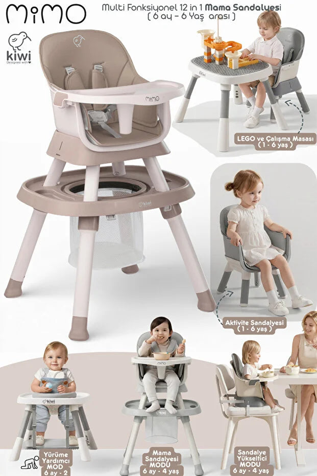 Mimo 12 özellik 1 Arada Çok Fonksiyonlu Mama Sandalyesi - Lego Uyumlu Aktivite & Oyun Masası - Gri