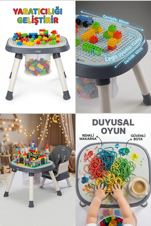 Mimo 12 özellik 1 Arada Çok Fonksiyonlu Mama Sandalyesi - Lego Uyumlu Aktivite & Oyun Masası - Antrasit