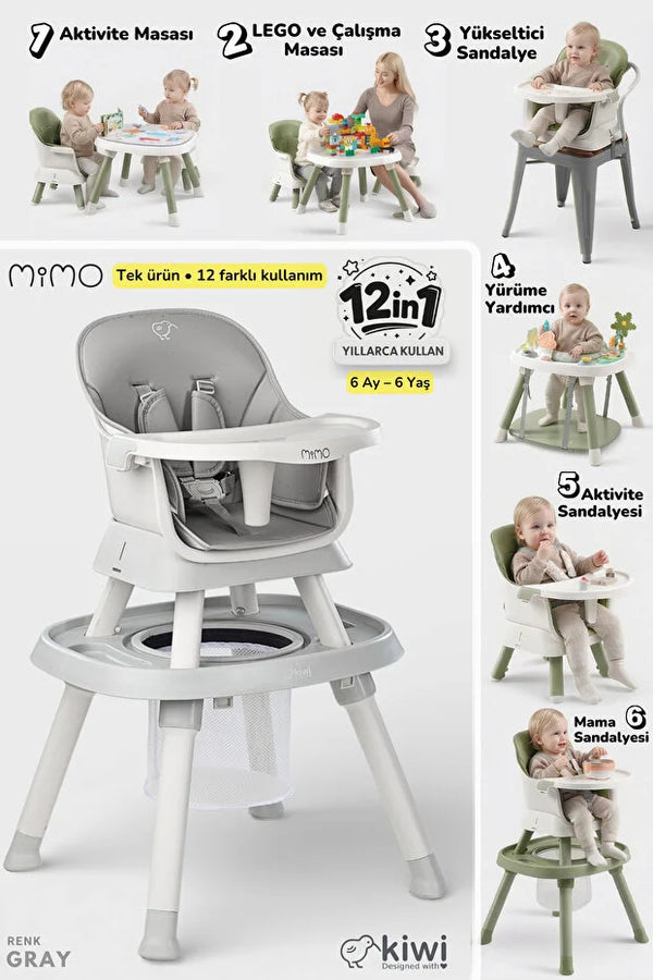 Mimo 12 özellik 1 Arada Çok Fonksiyonlu Mama Sandalyesi - Lego Uyumlu Aktivite & Oyun Masası - Gri