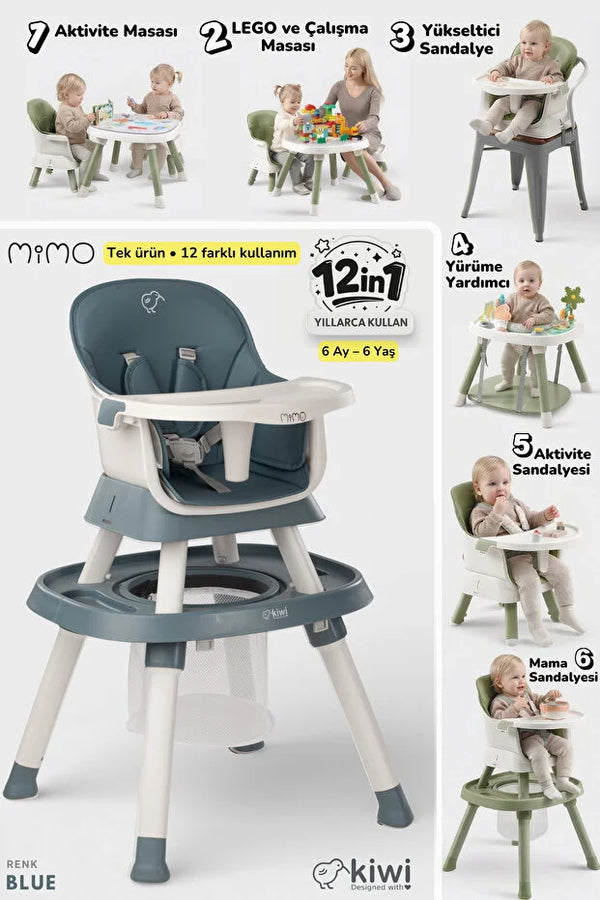 Mimo 12 özellik 1 Arada Çok Fonksiyonlu Mama Sandalyesi - Lego Uyumlu Aktivite & Oyun Masası - Mavi