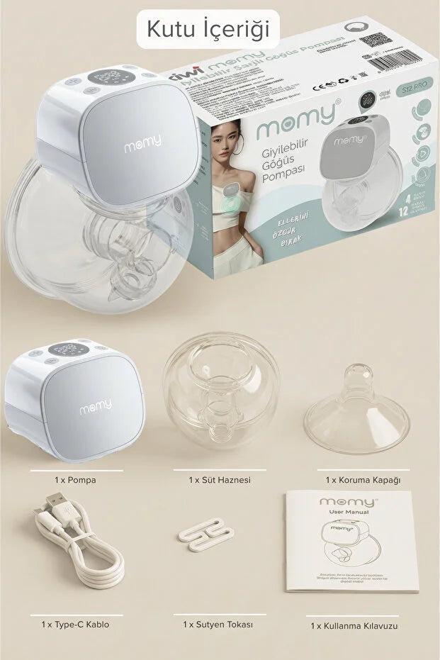Momy S12 Ultra Kablosuz Giyilebilir Göğüs Pompası - 180 ml Hazne, 4 Mod 12 Kademe Sessiz Süt Sağım Makinesi