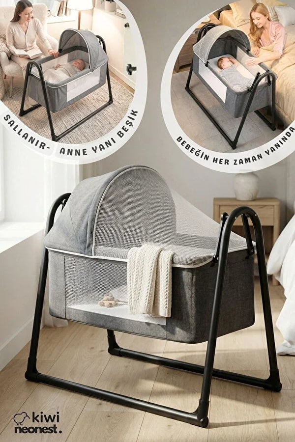 Neones Anne Yanı Sepet Beşik - Kalın Yataklı, Sallanır, Tenteli ve Cibinlikli Portatif Bebek Beşiği - Antrasit