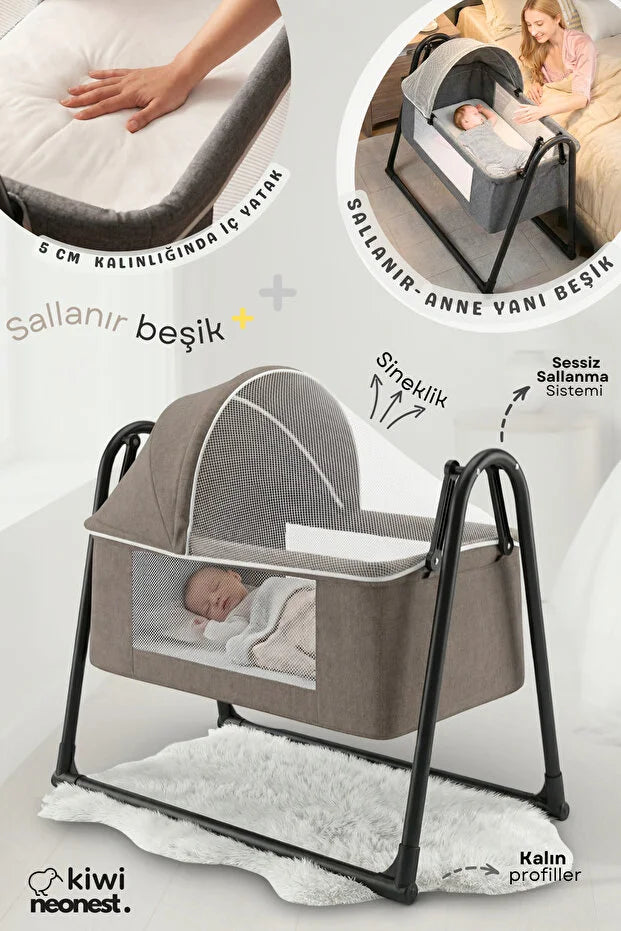 Neones Anne Yanı Sepet Beşik - Kalın Yataklı, Sallanır, Tenteli ve Cibinlikli Portatif Bebek Beşiği - Kahverengi