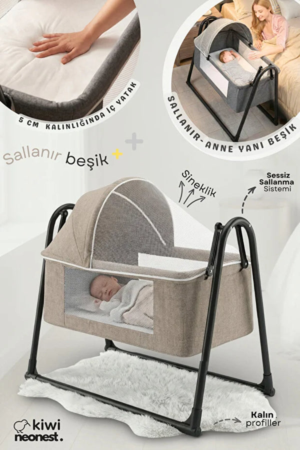 Neones Anne Yanı Sepet Beşik - Kalın Yataklı, Sallanır, Tenteli ve Cibinlikli Portatif Bebek Beşiği - Latte