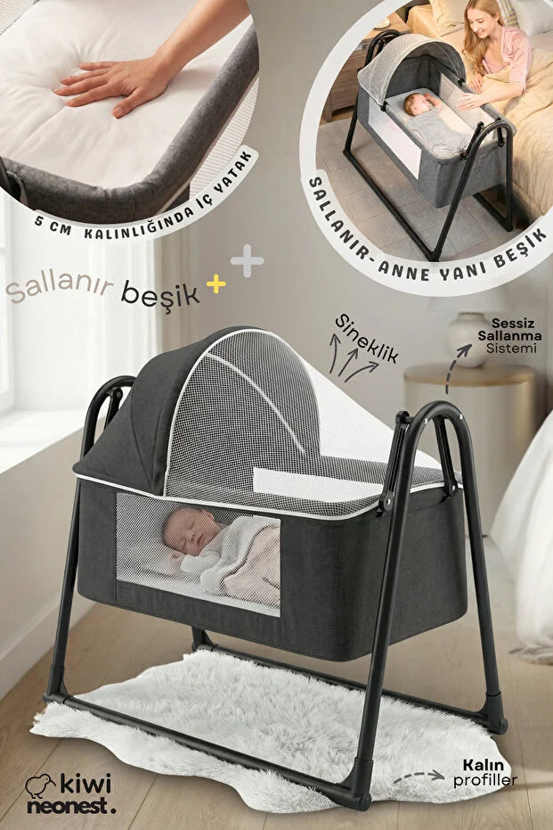 Neones Anne Yanı Sepet Beşik - Kalın Yataklı, Sallanır, Tenteli ve Cibinlikli Portatif Bebek Beşiği - Siyah