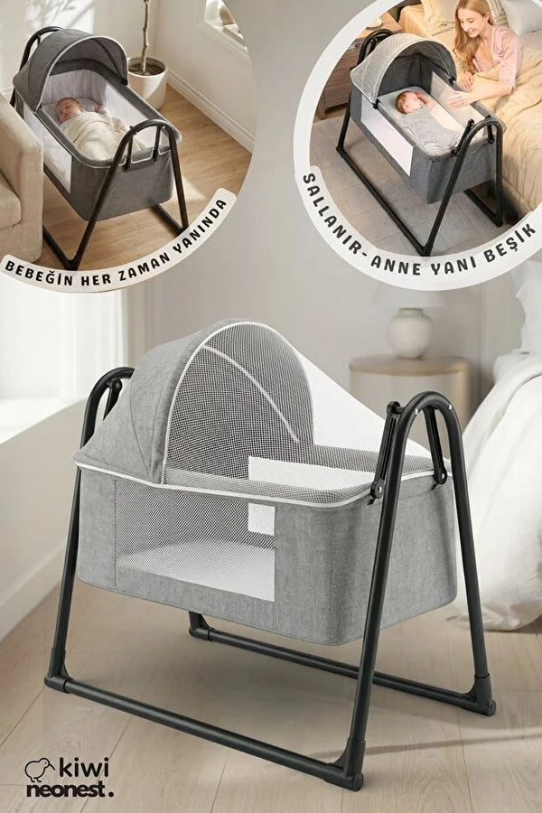 Neones Anne Yanı Sepet Beşik - Kalın Yataklı, Sallanır, Tenteli ve Cibinlikli Portatif Bebek Beşiği - Vizon