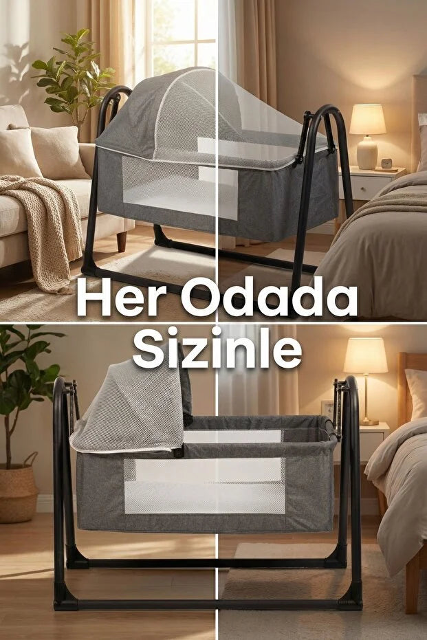 Neones Anne Yanı Sepet Beşik - Kalın Yataklı, Sallanır, Tenteli ve Cibinlikli Portatif Bebek Beşiği - Kahverengi