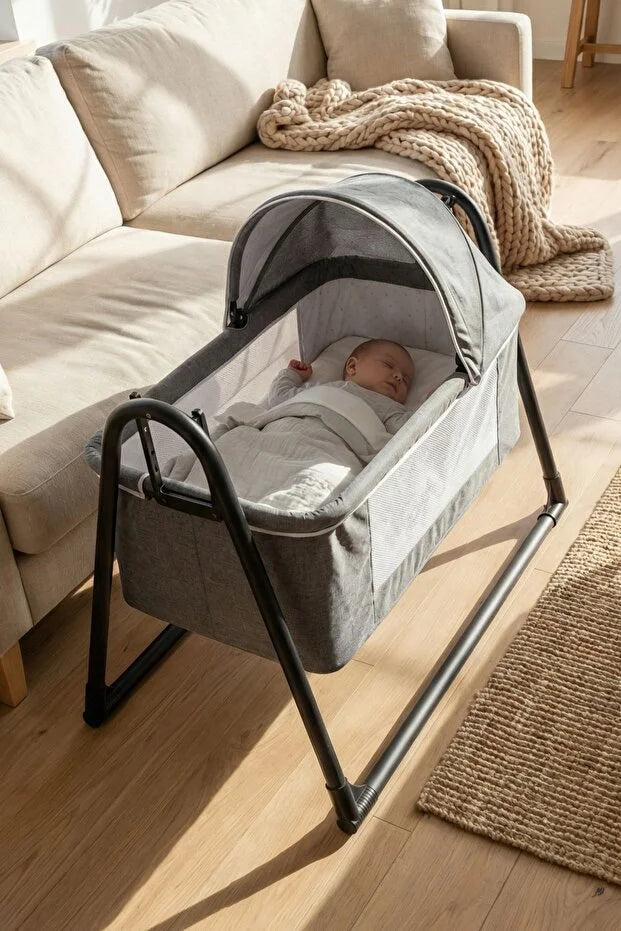 Neones Anne Yanı Sepet Beşik - Kalın Yataklı, Sallanır, Tenteli ve Cibinlikli Portatif Bebek Beşiği - Kahverengi