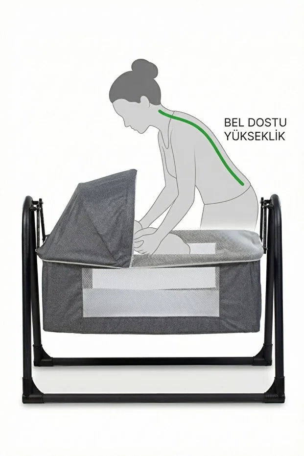 Neones Anne Yanı Sepet Beşik - Kalın Yataklı, Sallanır, Tenteli ve Cibinlikli Portatif Bebek Beşiği - Kahverengi