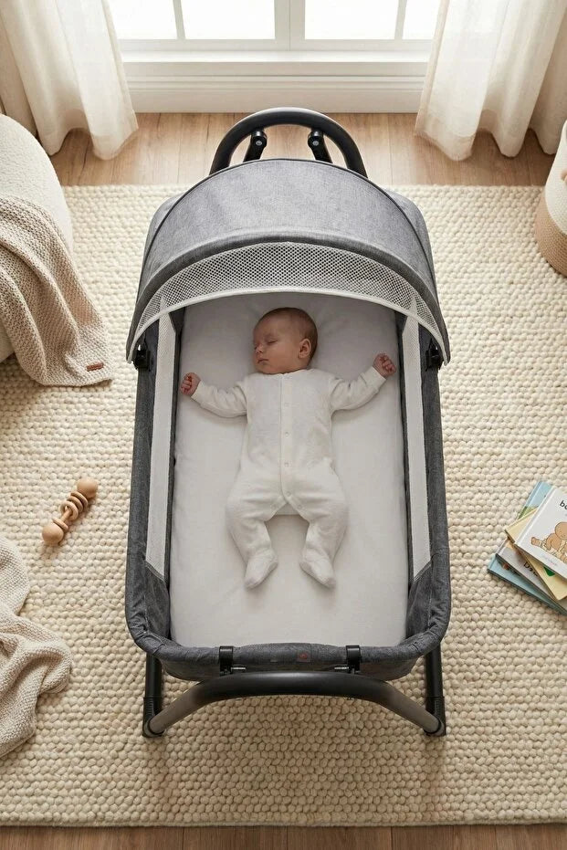 Neones Anne Yanı Sepet Beşik - Kalın Yataklı, Sallanır, Tenteli ve Cibinlikli Portatif Bebek Beşiği - Siyah