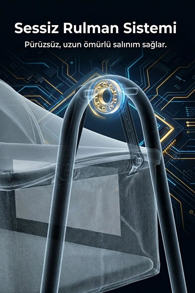 Neones Anne Yanı Sepet Beşik - Kalın Yataklı, Sallanır, Tenteli ve Cibinlikli Portatif Bebek Beşiği - Siyah