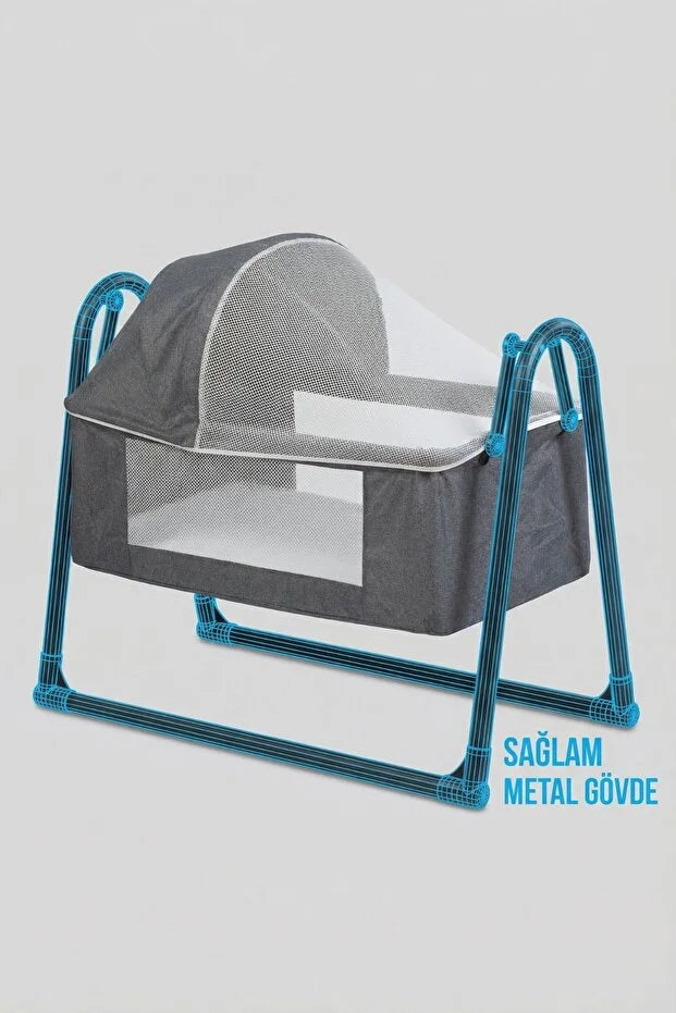 Neones Anne Yanı Sepet Beşik - Kalın Yataklı, Sallanır, Tenteli ve Cibinlikli Portatif Bebek Beşiği - Antrasit