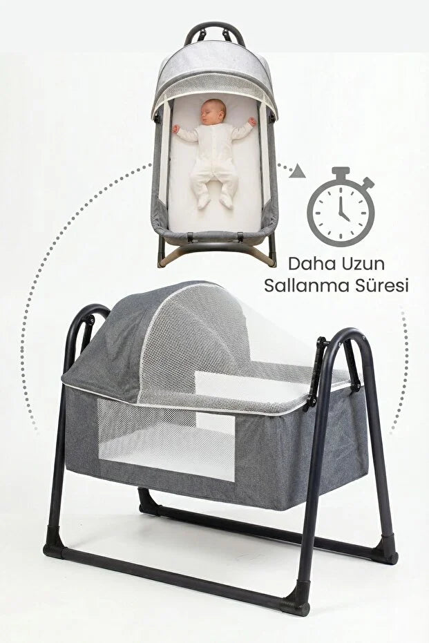 Neones Anne Yanı Sepet Beşik - Kalın Yataklı, Sallanır, Tenteli ve Cibinlikli Portatif Bebek Beşiği - Antrasit