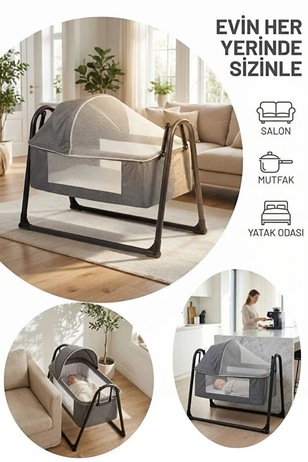Neones Anne Yanı Sepet Beşik - Kalın Yataklı, Sallanır, Tenteli ve Cibinlikli Portatif Bebek Beşiği - Antrasit