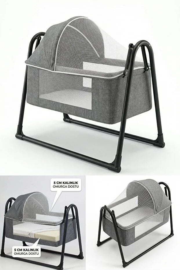 Neones Anne Yanı Sepet Beşik - Kalın Yataklı, Sallanır, Tenteli ve Cibinlikli Portatif Bebek Beşiği - Kahverengi