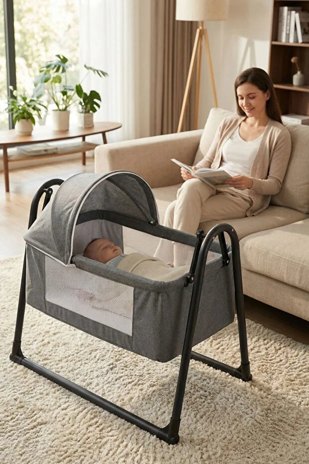 Neones Anne Yanı Sepet Beşik - Kalın Yataklı, Sallanır, Tenteli ve Cibinlikli Portatif Bebek Beşiği - Siyah