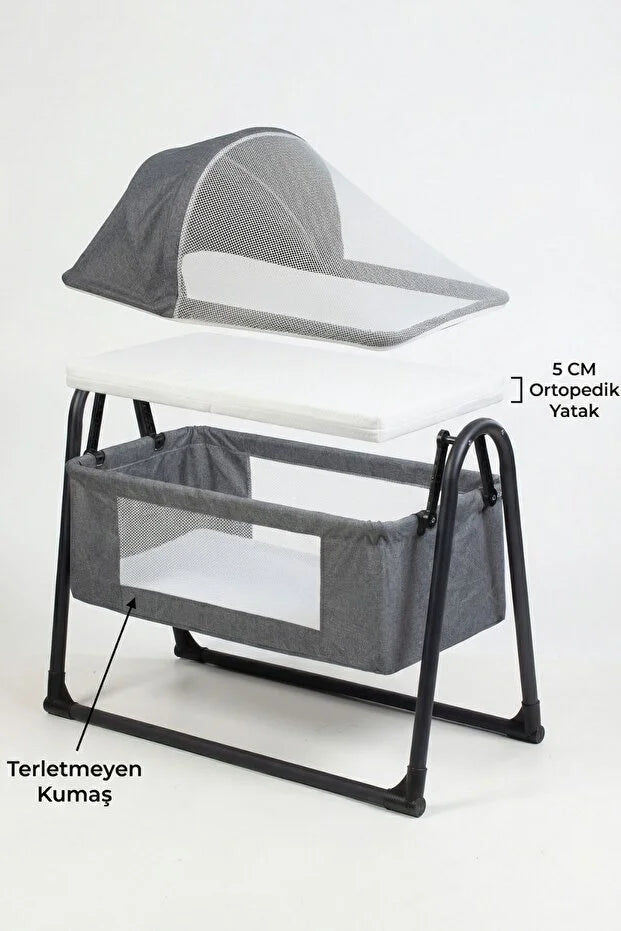 Neones Anne Yanı Sepet Beşik - Kalın Yataklı, Sallanır, Tenteli ve Cibinlikli Portatif Bebek Beşiği - Kahverengi