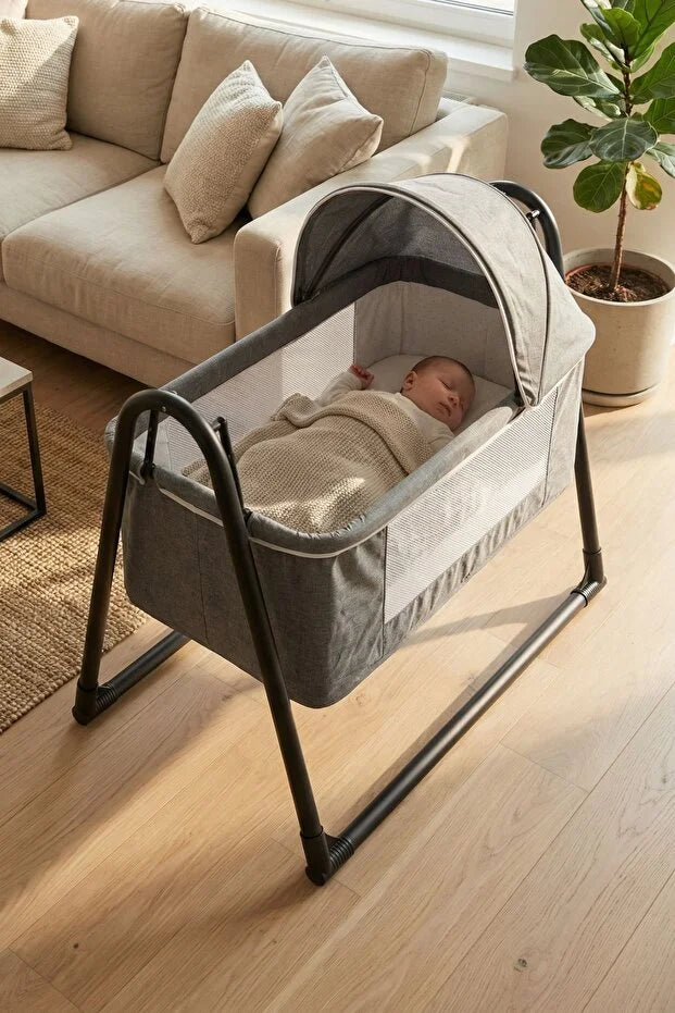 Neones Anne Yanı Sepet Beşik - Kalın Yataklı, Sallanır, Tenteli ve Cibinlikli Portatif Bebek Beşiği - Kahverengi