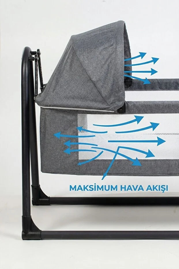 Neones Anne Yanı Sepet Beşik - Kalın Yataklı, Sallanır, Tenteli ve Cibinlikli Portatif Bebek Beşiği - Kahverengi