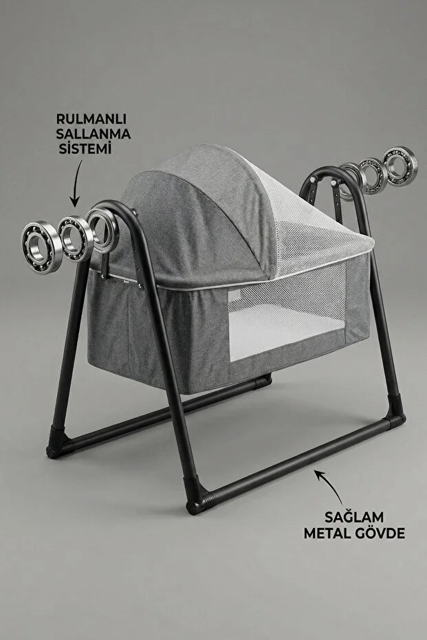 Neones Anne Yanı Sepet Beşik - Kalın Yataklı, Sallanır, Tenteli ve Cibinlikli Portatif Bebek Beşiği - Kahverengi