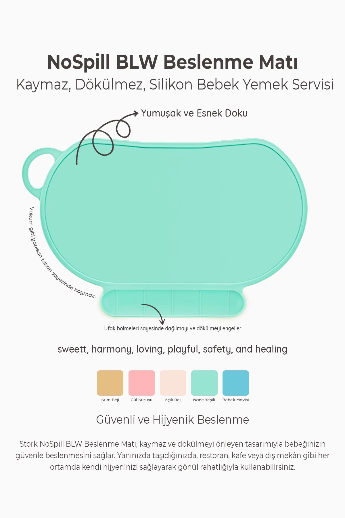 NoSpill BLW Beslenme Matı – Kaymaz, Dökülmez, Silikon Bebek Yemek Servisi Katlanabilir & Taşınabilir Mint