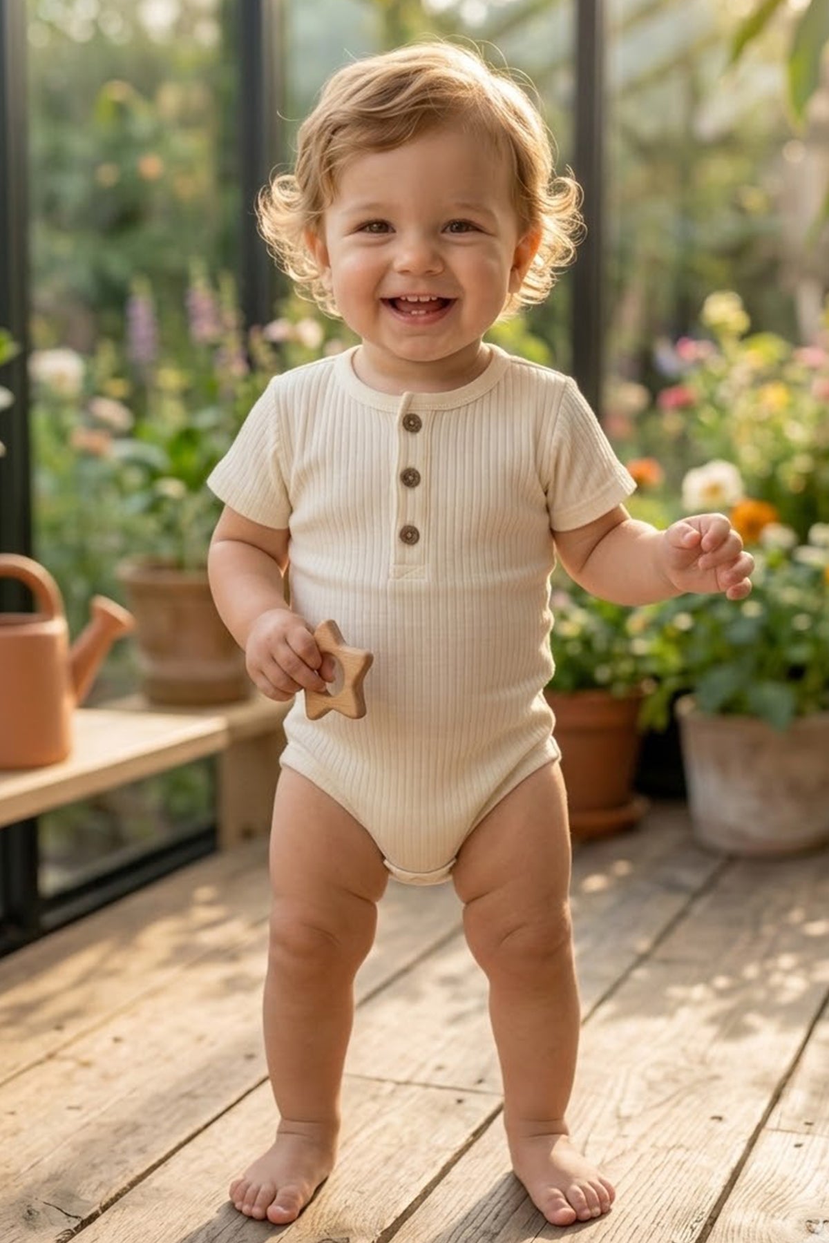 Rito %100 Pamuklu Fitilli Bebek Tulumu - Şortlu Tulum (Romper) - Ekru