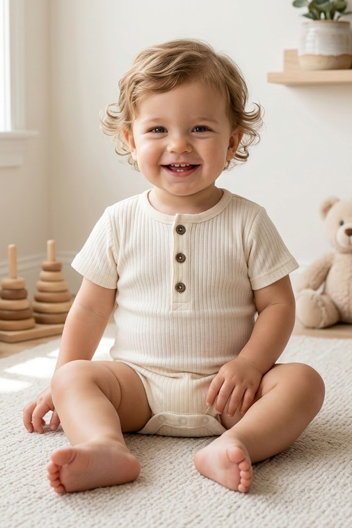 Rito %100 Pamuklu Fitilli Bebek Tulumu - Şortlu Tulum (Romper) - Ekru