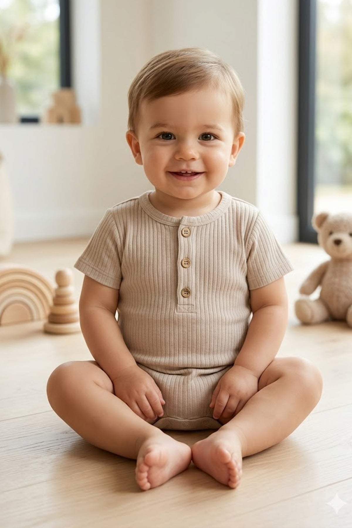 Rito %100 Pamuklu Fitilli Bebek Tulumu - Şortlu Tulum (Romper) - Taş Rengi