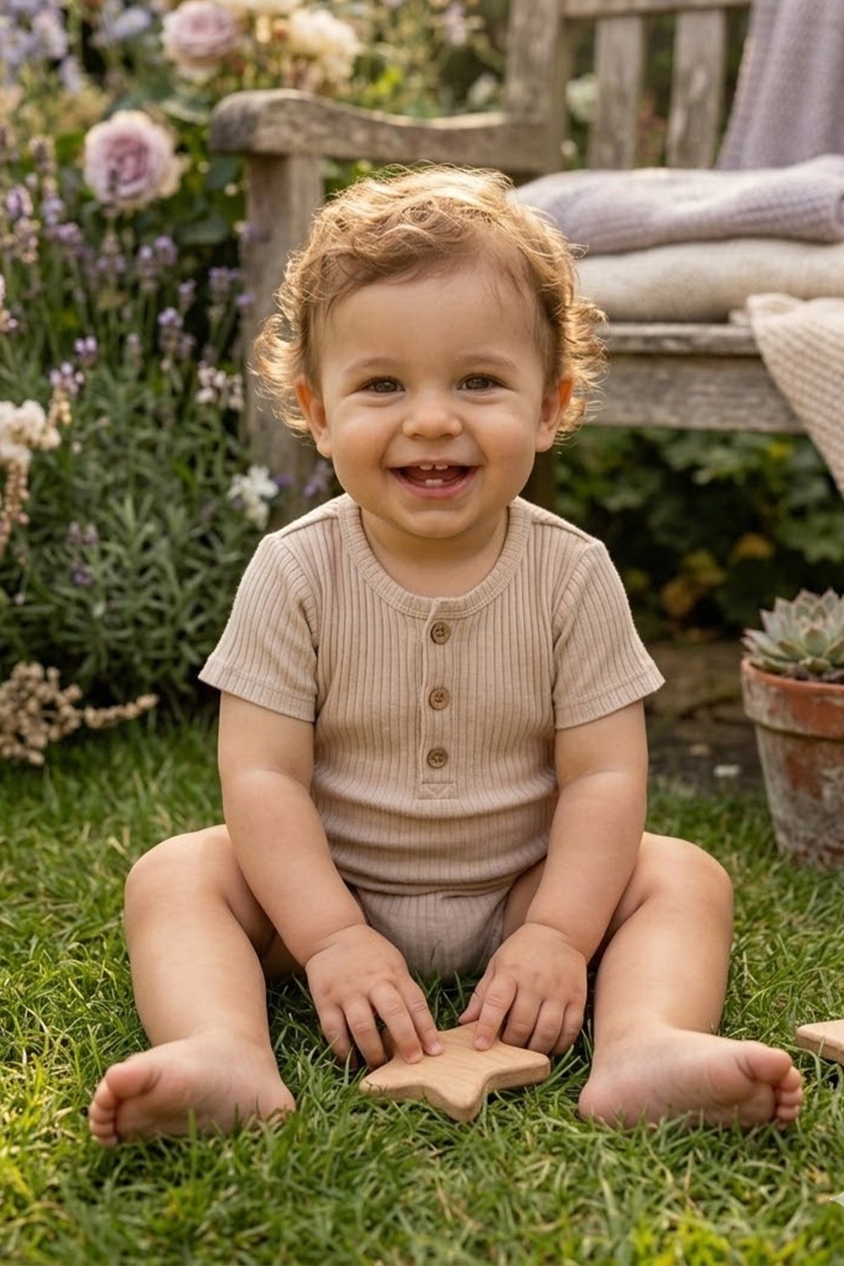 Rito %100 Pamuklu Fitilli Bebek Tulumu - Şortlu Tulum (Romper) - Taş Rengi