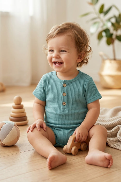 Rito %100 Pamuklu Fitilli Bebek Tulumu - Şortlu Tulum (Romper) - Çağla Yeşili