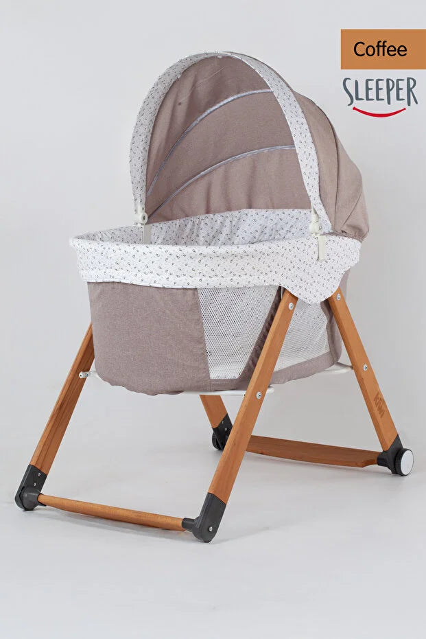 Sleeper Anne Yanı Beşik - Luna Desen Portatif, Sallanır, Tekerlekli ve Katlanır Bebek Beşiği (+ Lüks Yatak Hediyeli) - Luna Kahve