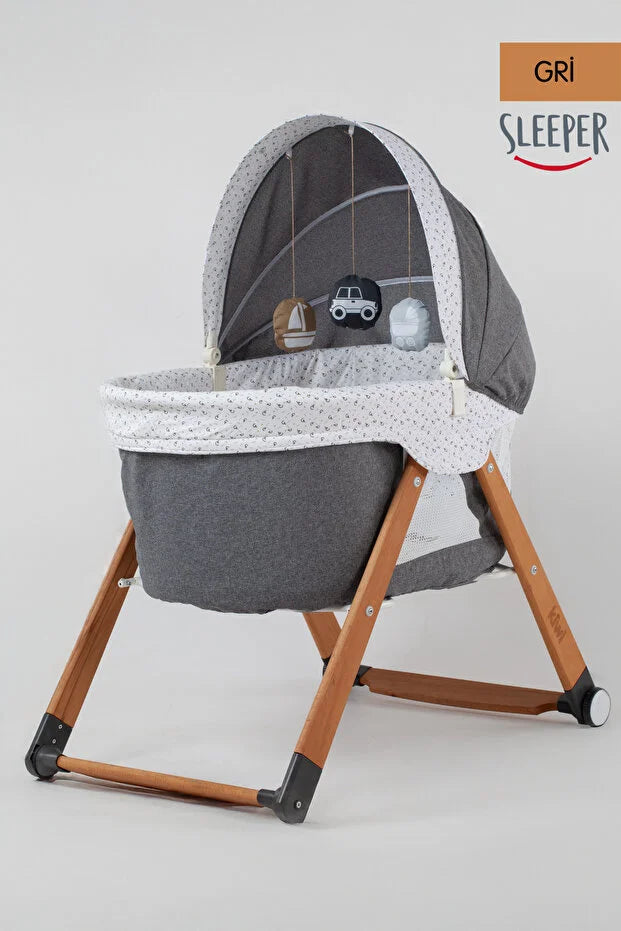 Sleeper Anne Yanı Beşik - Luna Desen Portatif, Sallanır, Tekerlekli ve Katlanır Bebek Beşiği (+ Lüks Yatak Hediyeli) - Luna Gri