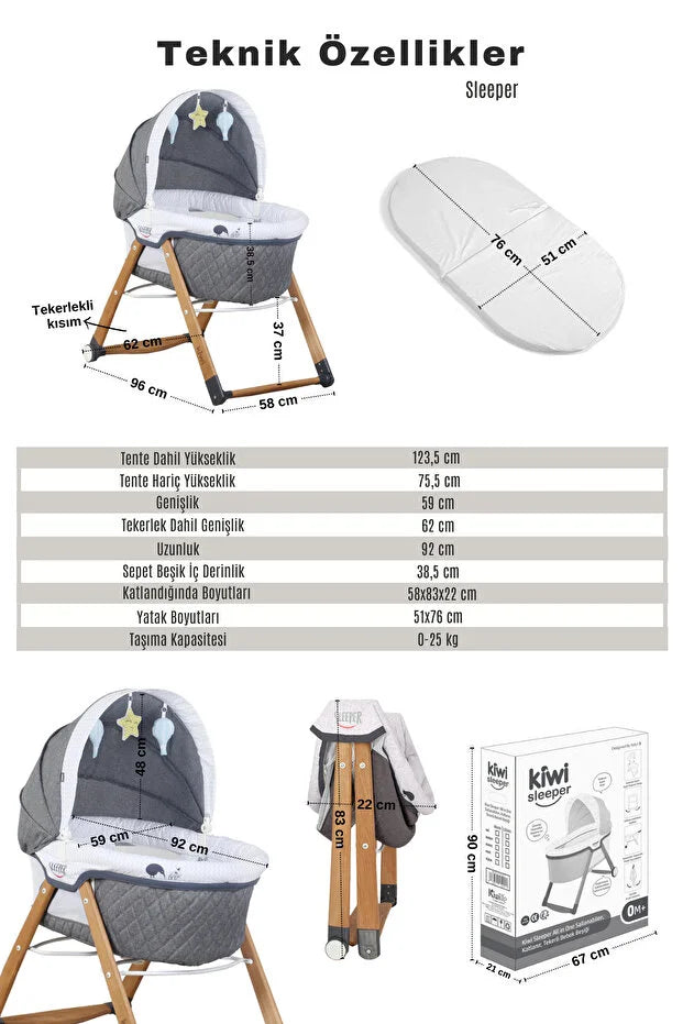 Sleeper Anne Yanı Beşik - Luna Desen Portatif, Sallanır, Tekerlekli ve Katlanır Bebek Beşiği (+ Lüks Yatak Hediyeli) - Luna Kahve