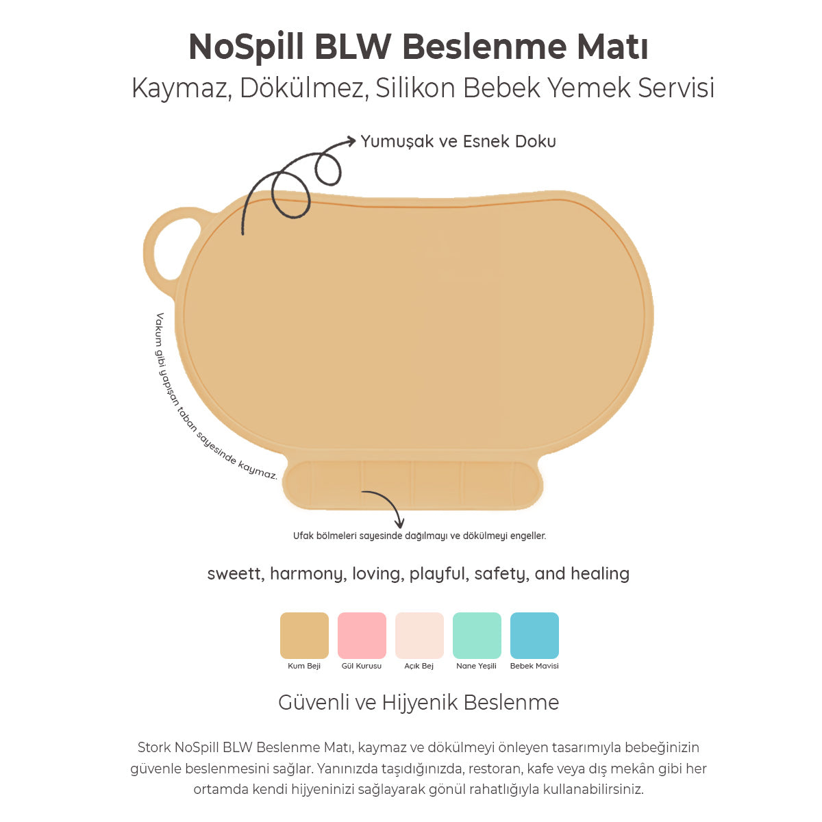 NoSpill BLW Beslenme Matı – Kaymaz, Dökülmez, Silikon Bebek Yemek Servisi Katlanabilir & Taşınabilir Bej