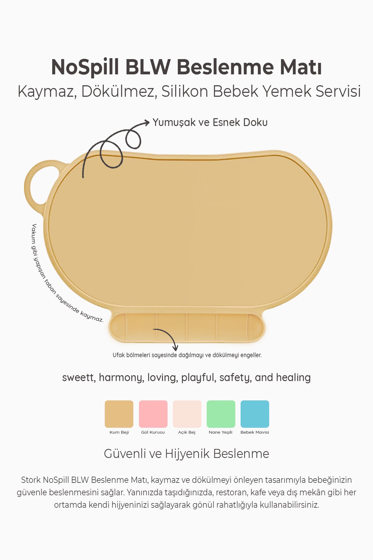 NoSpill BLW Beslenme Matı – Kaymaz, Dökülmez, Silikon Bebek Yemek Servisi Katlanabilir & Taşınabilir Bej