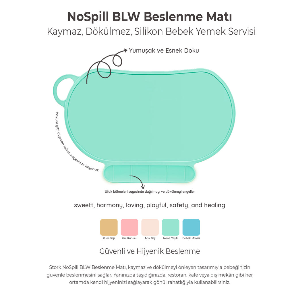 NoSpill BLW Beslenme Matı – Kaymaz, Dökülmez, Silikon Bebek Yemek Servisi Katlanabilir & Taşınabilir Mint