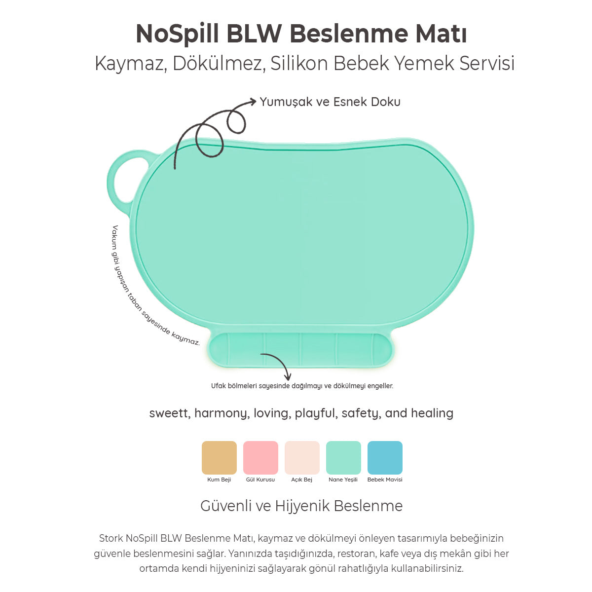 NoSpill BLW Beslenme Matı – Kaymaz, Dökülmez, Silikon Bebek Yemek Servisi Katlanabilir & Taşınabilir Mint
