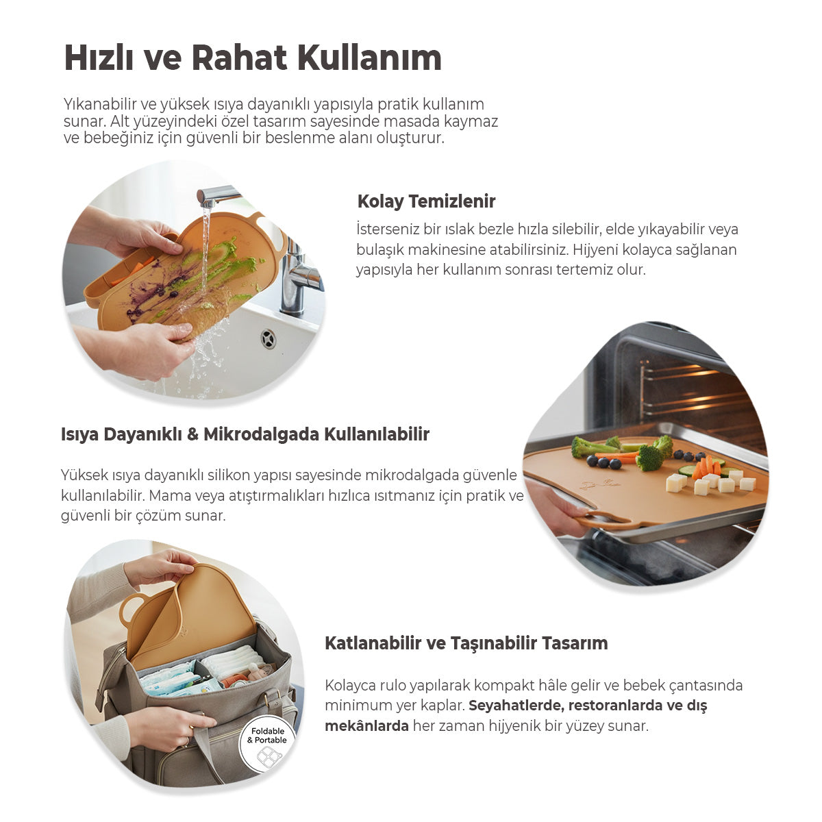 NoSpill BLW Beslenme Matı – Kaymaz, Dökülmez, Silikon Bebek Yemek Servisi Katlanabilir & Taşınabilir Bej