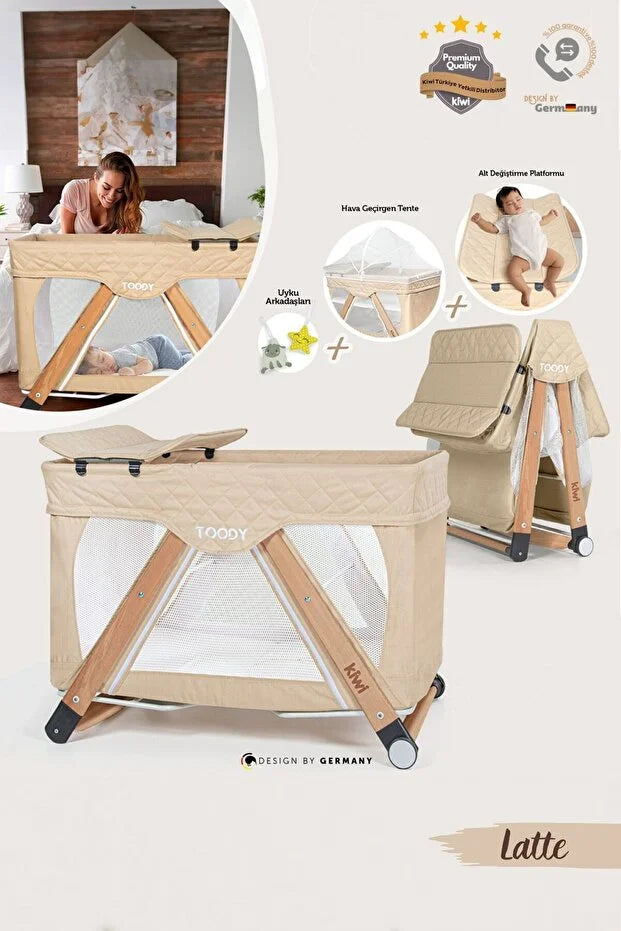 Toody All In One Park Yatak ve Oyun Parkı - Alt Açma Üniteli, Sallanabilir Anne Yanı Beşik - Ahşap Ayaklı - Latte